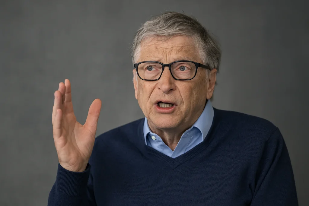Bill Gates mit Brille und blauem Pullover spricht gestikulierend?