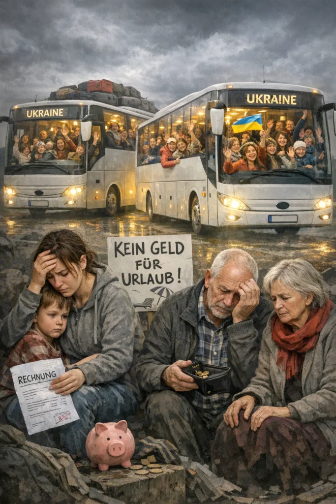 Erstelle ein Bild, das einen stark kontrastierenden visuellen Kommentar zur aktuellen sozialen Situation in Österreich zeigt. Im Vordergrund sind gestresste österreichische Familien, insbesondere Alleinerziehende und Pensionisten, die in einem überwältigenden und tristen Umfeld dargestellt werden, während sie über ihre finanzielle Belastung und die Unfähigkeit, Urlaub zu machen, sprechen. Im Hintergrund sind überfüllte Fernbusse zu sehen, die in Richtung der Ukraine fahren, mit ukrainischen Flüchtlingen, die voller Hoffnung und Freude auf Reisen sind. Der Himmel sollte bewölkt und düster wirken, während die Busse hell und lebhaft sind, um den Kontrast zwischen den beiden Gruppen zu betonen. Der Bildstil sollte realistisch und emotional ansprechend sein, um die sozialen Spannungen und die Dramatik der Situation einzufangen.