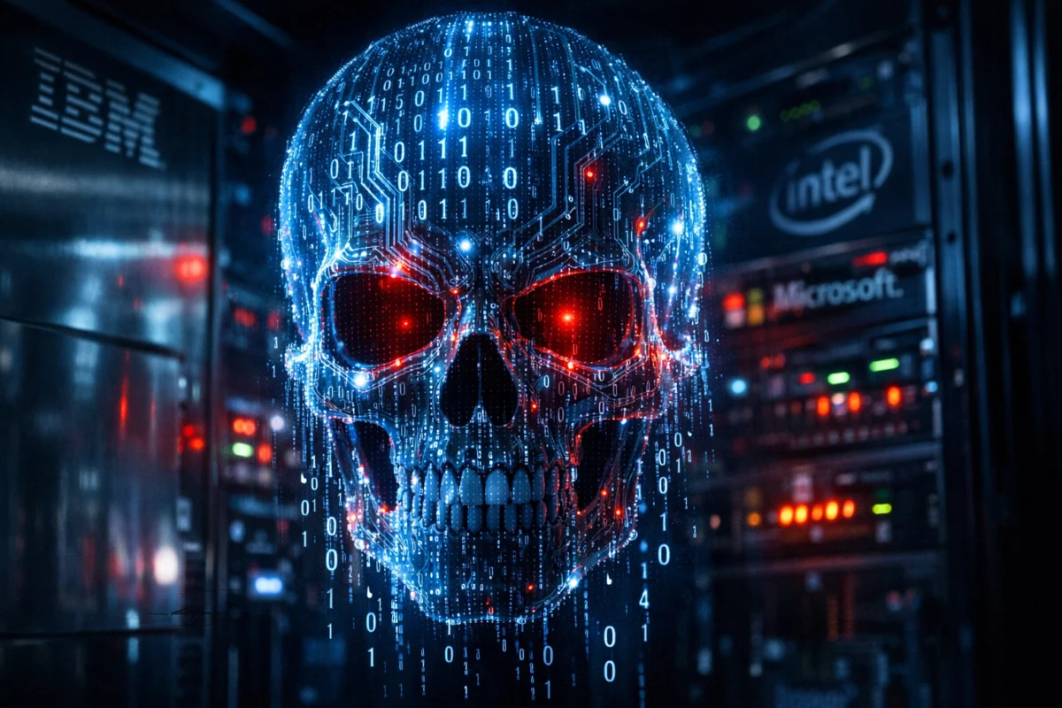 (16:9, photorealistic editorial): A dramatic close-up of a glowing digital skull composed of binary code and circuit board traces, hovering over a dark server room with blinking status lights. Corporate logos subtly reflected in the metallic surfaces. Cold blue and red lighting. Cinematic, high-contrast, editorial photography style