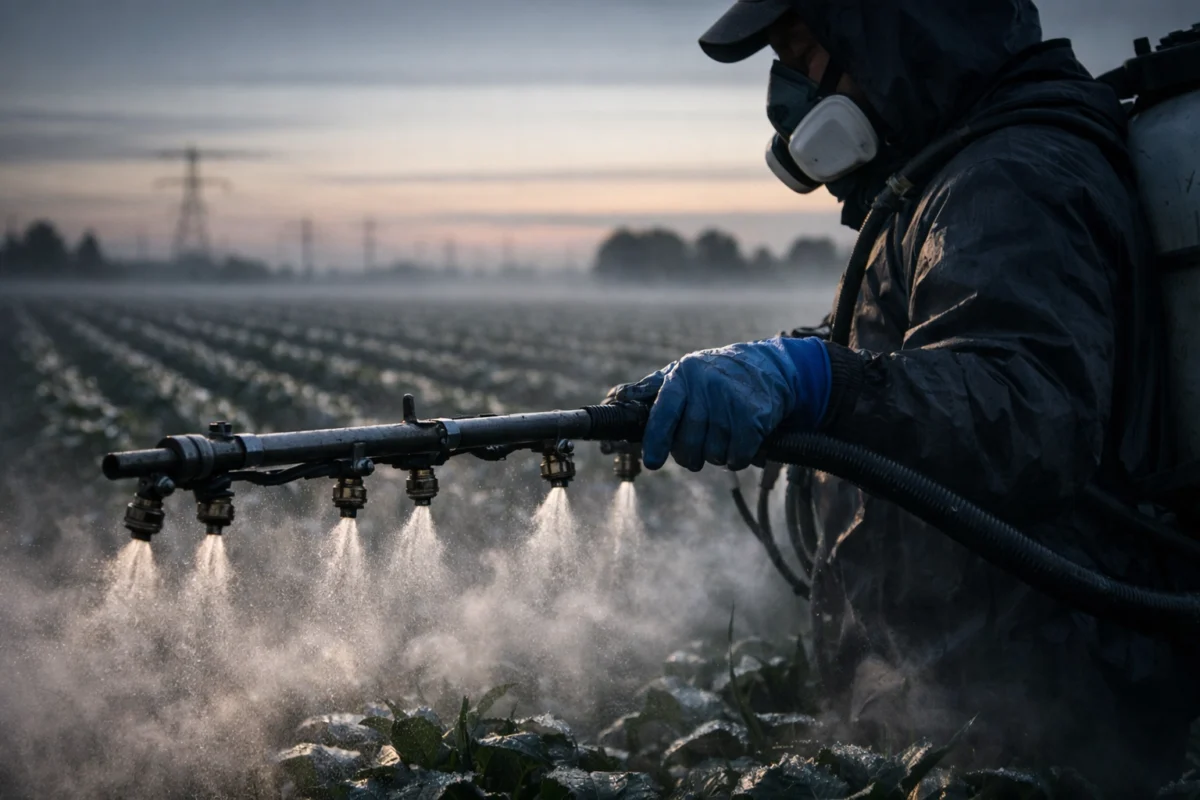 Photorealistic editorial image, 16:9 format. Close-up of a gloved agricultural worker spraying pesticides on a crop field at dawn, multiple spray nozzles visible, chemical mist drifting in low morning light. Background shows rows of industrial monoculture. Mood: cold, industrial, foreboding. No text overlays.