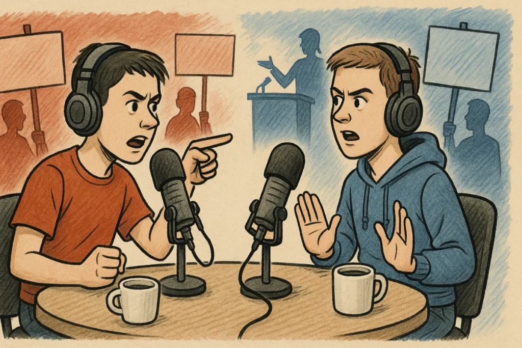 Karikatur zweier rot und blau codierter Podcaster im politischen Streitgespräch