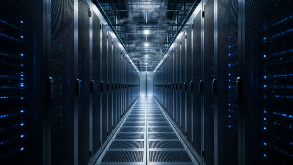 Symbolbild: Servergang in einem modernen Rechenzentrum als Motiv für KI-Infrastruktur