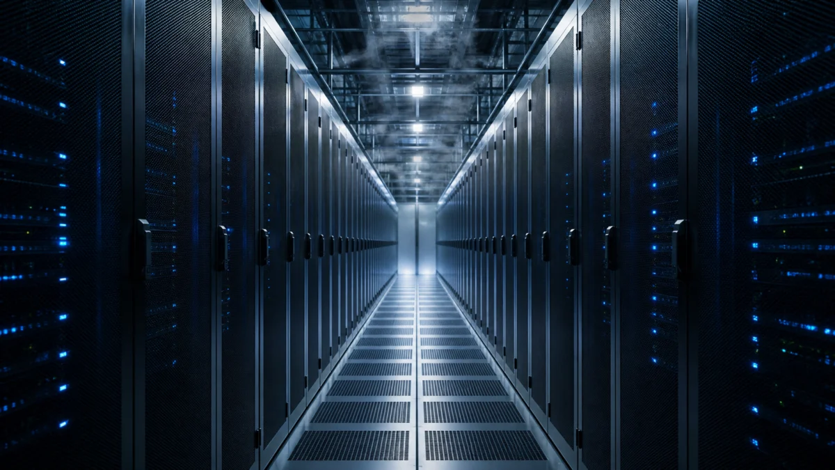 Symbolbild: Servergang in einem modernen Rechenzentrum als Motiv für KI-Infrastruktur