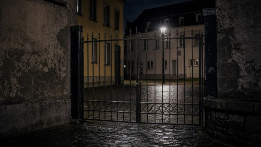 Symbolbild: verschlossenes Hinterhoftor bei Nacht in einer deutschen Kleinstadt