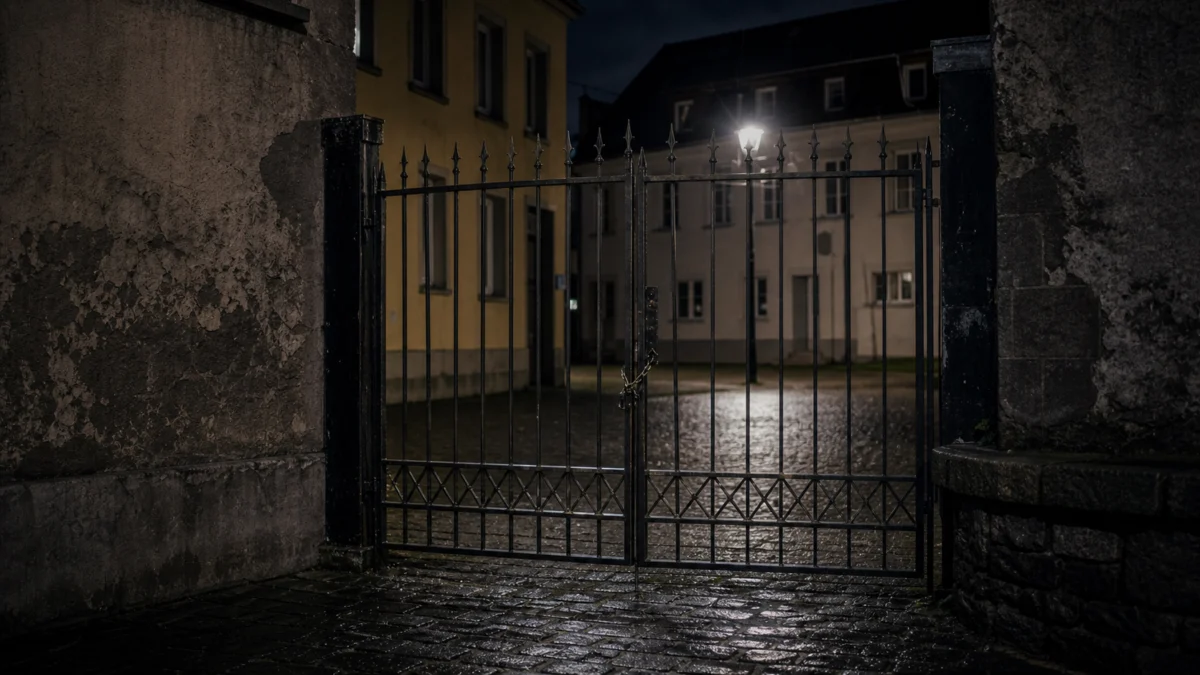 Symbolbild: verschlossenes Hinterhoftor bei Nacht in einer deutschen Kleinstadt