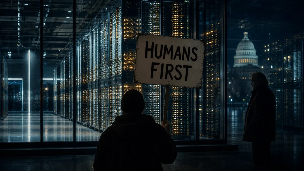 Demonstrant mit Humans-First-Schild vor einem KI-Rechenzentrum