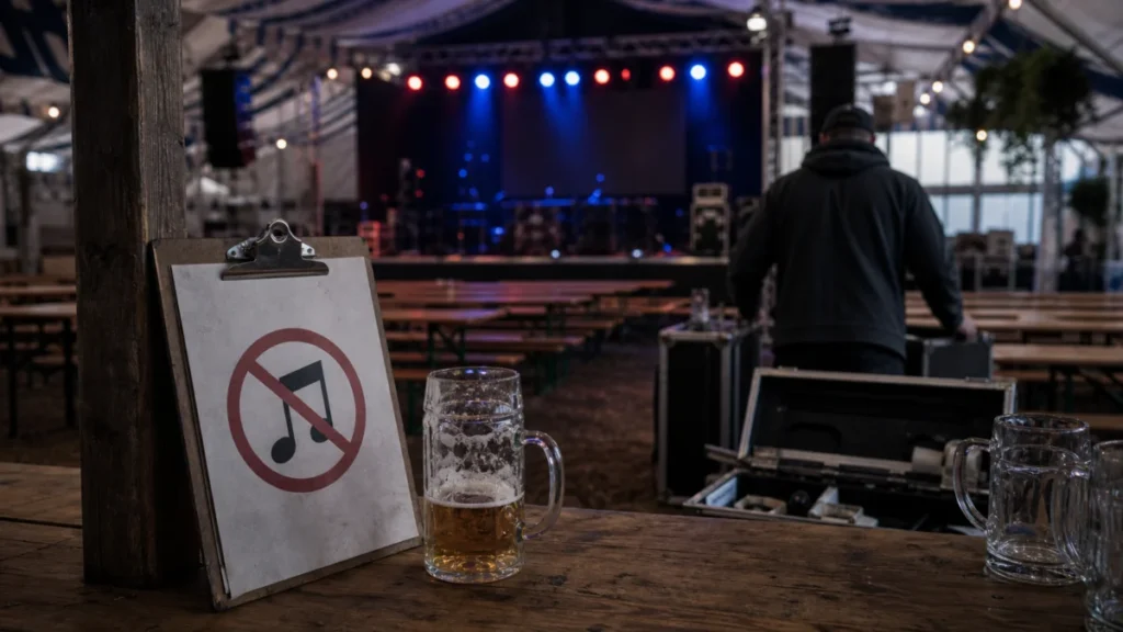 Symbolbild: leere Volksfestbühne mit Musikverbot-Symbol, keine Gesichter im Fokus