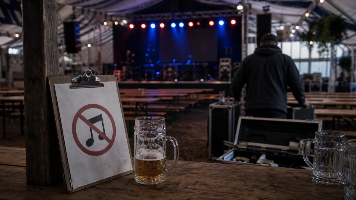 Symbolbild: leere Volksfestbühne mit Musikverbot-Symbol, keine Gesichter im Fokus