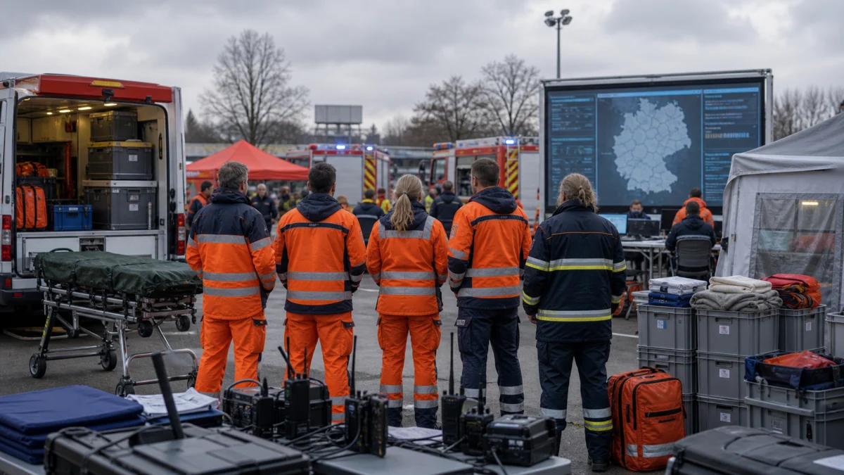 Ehrenamtliche Einsatzkräfte im Bevölkerungsschutz bei einer Lageübung als Symbolbild