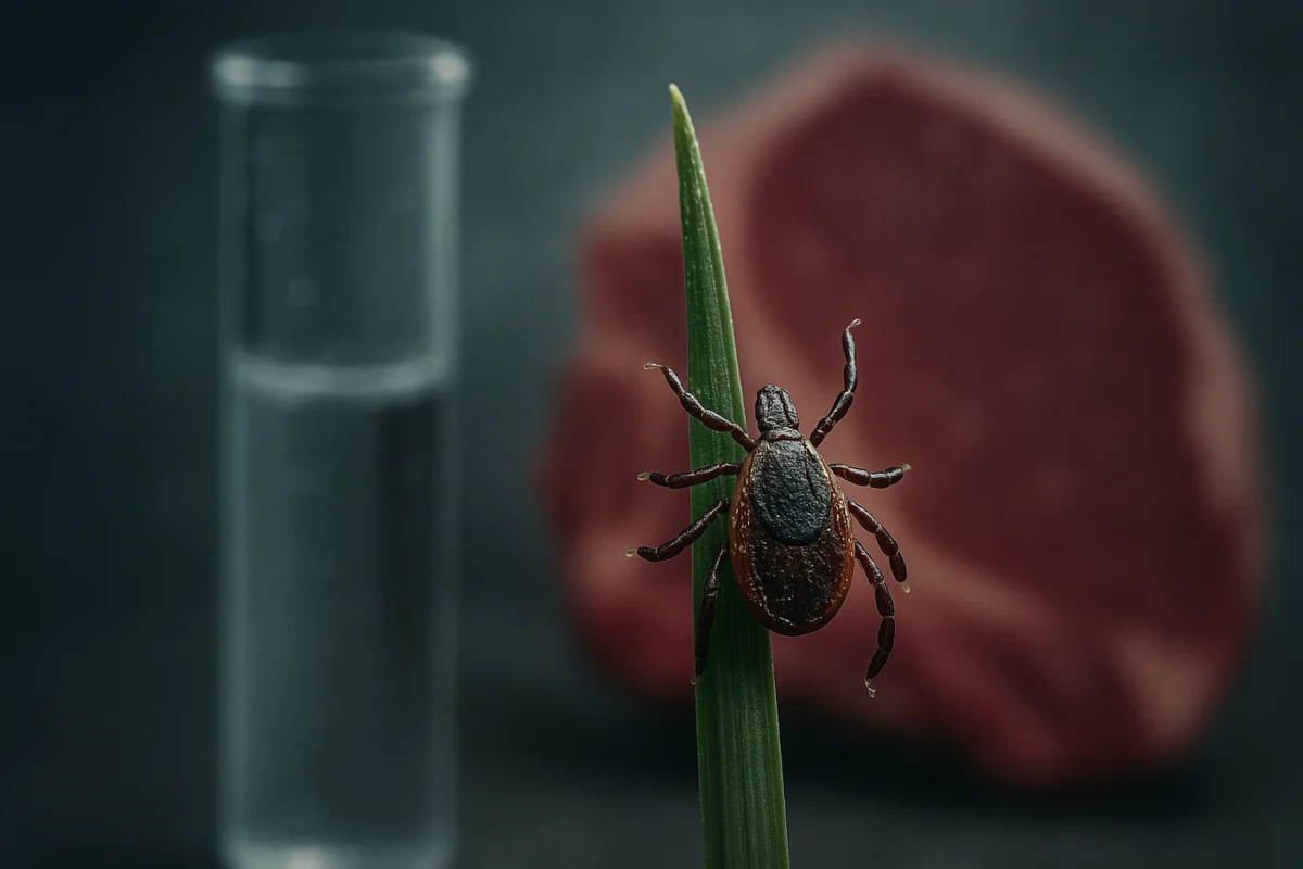 Zecke als Symbol für Alpha-Gal-Syndrom und Biotech-Debatte