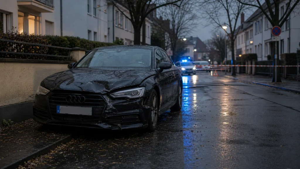 Symbolbild: Schwarzer Wagen an abgesperrter Straße mit Polizeilicht