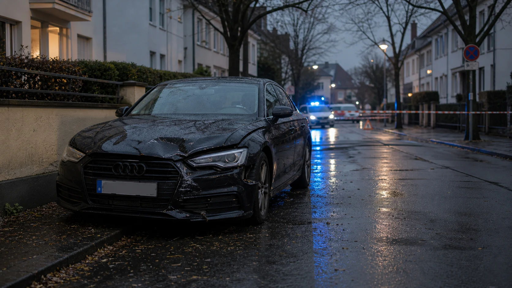 Symbolbild: Schwarzer Wagen an abgesperrter Straße mit Polizeilicht