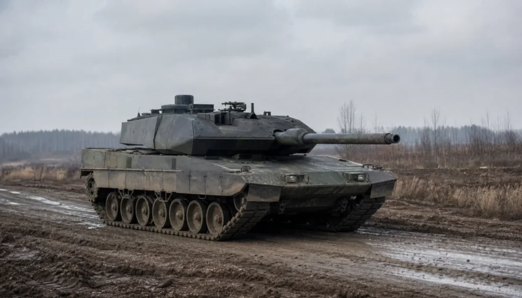 Symbolbild: ein einzelner Kampfpanzer auf einer matschigen Straße