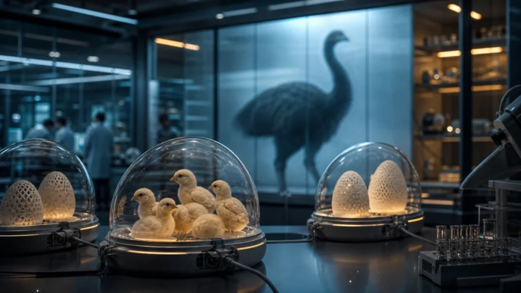 Küken in künstlichen Eiern und Schatten eines Riesen-Moa im Biotech-Labor als Symbolbild