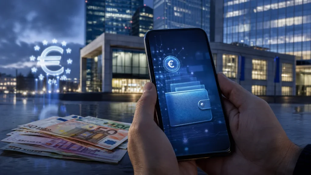 Symbolbild: Smartphone mit digitalem Euro vor Zentralbankarchitektur und Bargeld