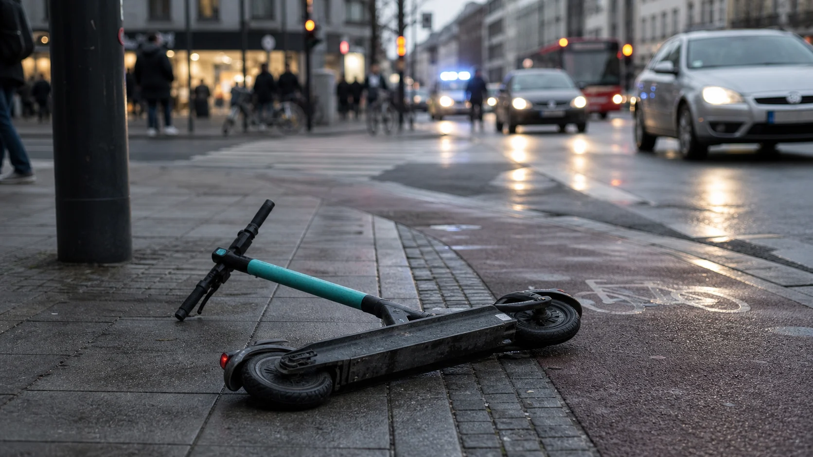 Symbolbild: Umgekippter E-Scooter auf Gehweg und Radweg im Stadtverkehr