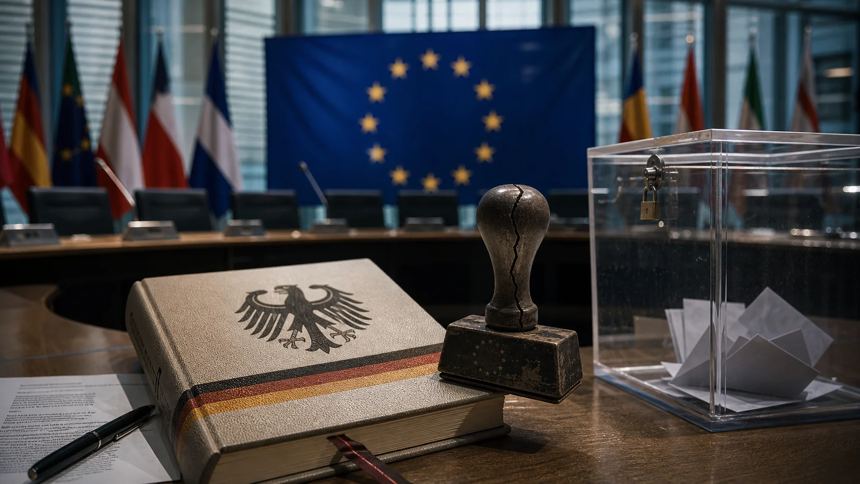 Symbolbild: EU-Fahnen, Bundestag und zerbrochener Souveränitätsstempel