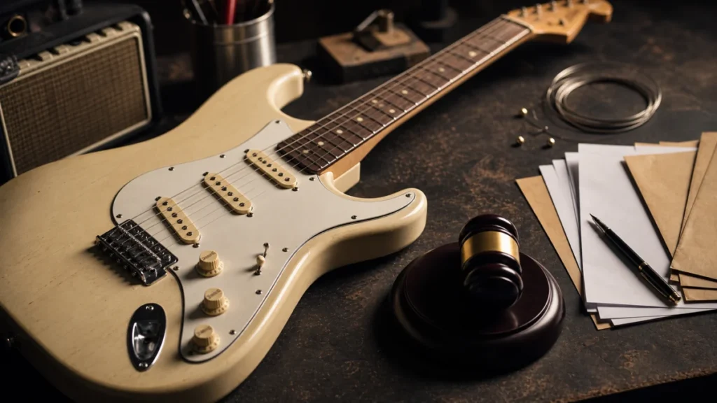 E-Gitarre neben Richterhammer und Unterlagen als Symbolbild für Abmahnungen gegen Gitarrenkopien