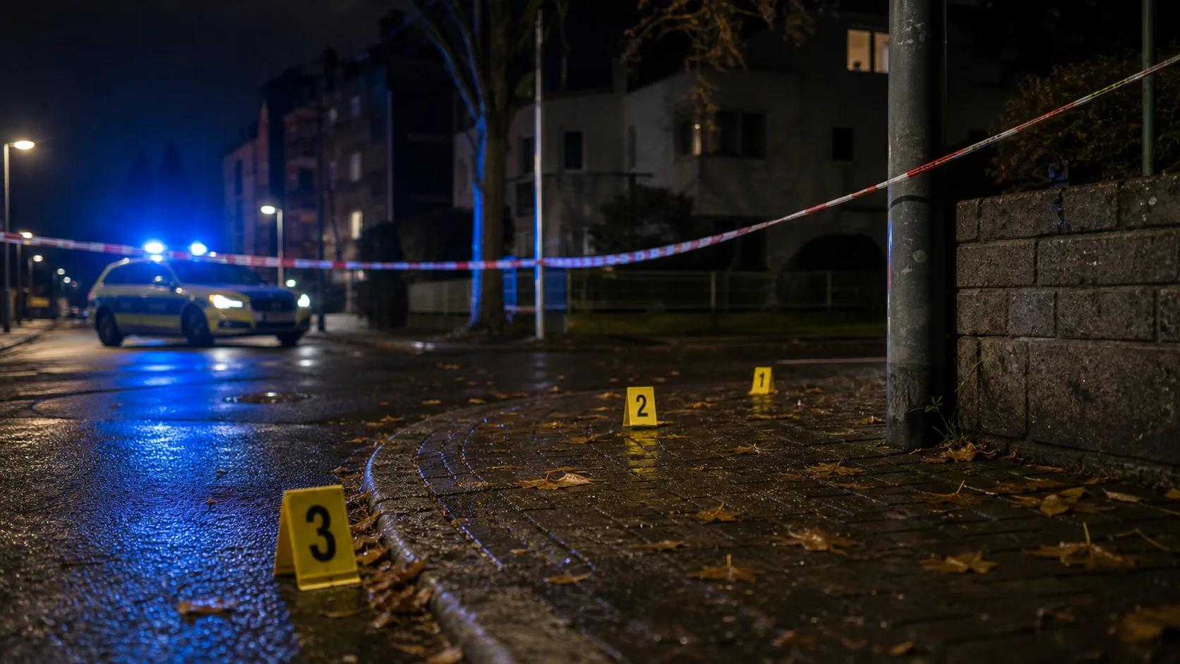Nächtlicher abgesperrter Tatort mit Polizeifahrzeug und Spurmarkierungen