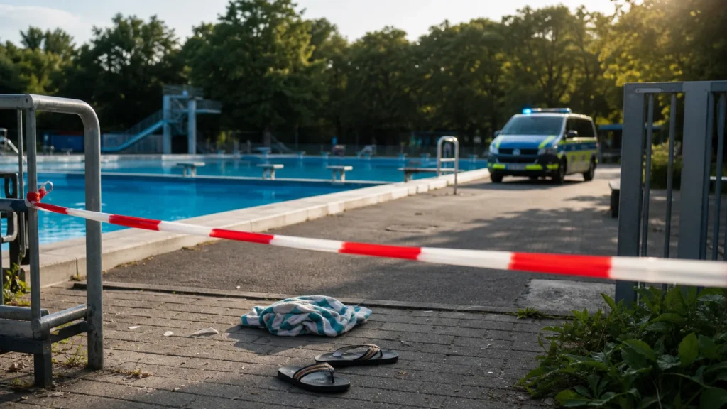 Abgesperrter Freibadbereich mit Polizeifahrzeug im Hintergrund