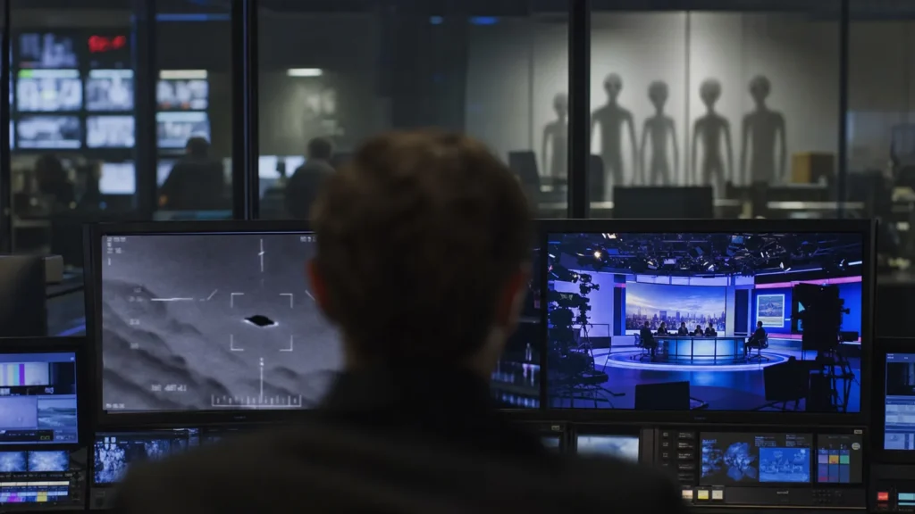 Nachrichtenstudio mit UAP-Monitor und undeutlichen Silhouetten hinter Glas