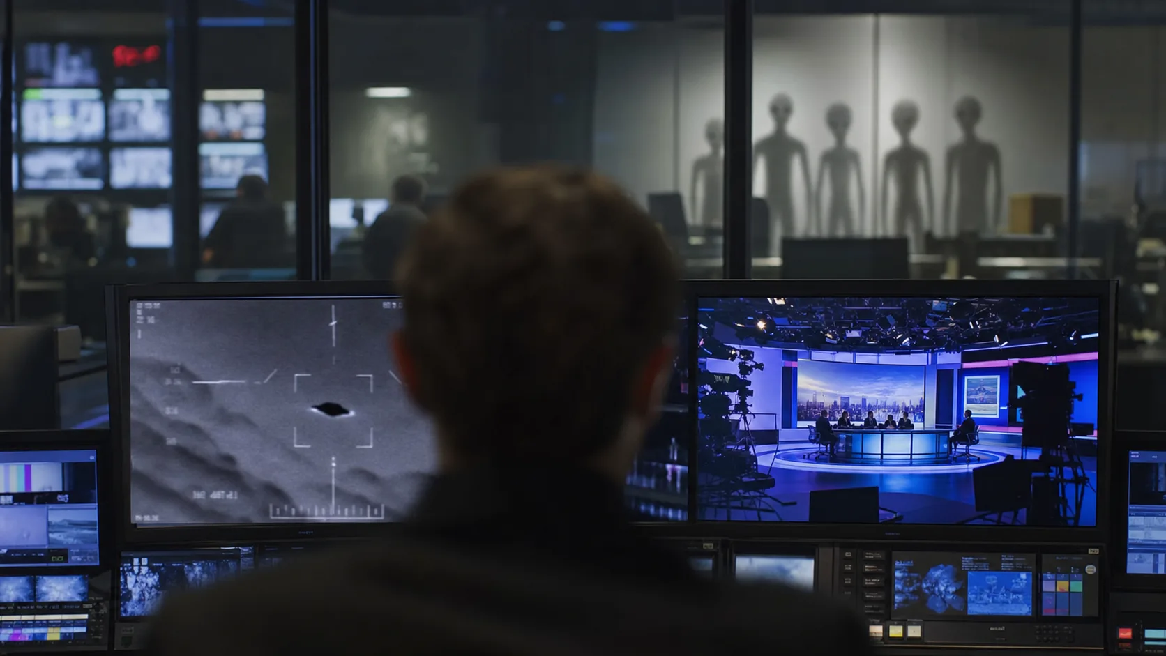 Nachrichtenstudio mit UAP-Monitor und undeutlichen Silhouetten hinter Glas