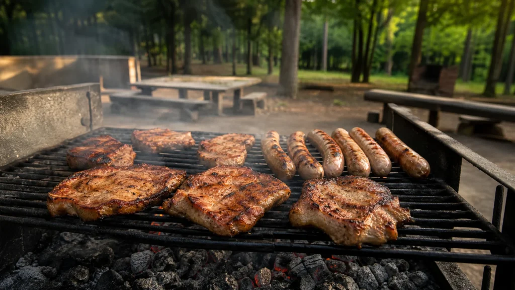 Symbolbild: Schweinefleisch auf einem Grill an einem öffentlichen Grillplatz
