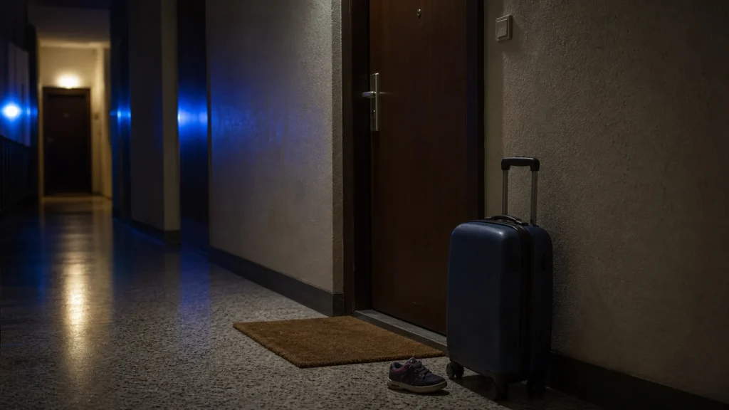 Symbolbild: Wohnungstür mit Koffer und Polizeilicht im Flur