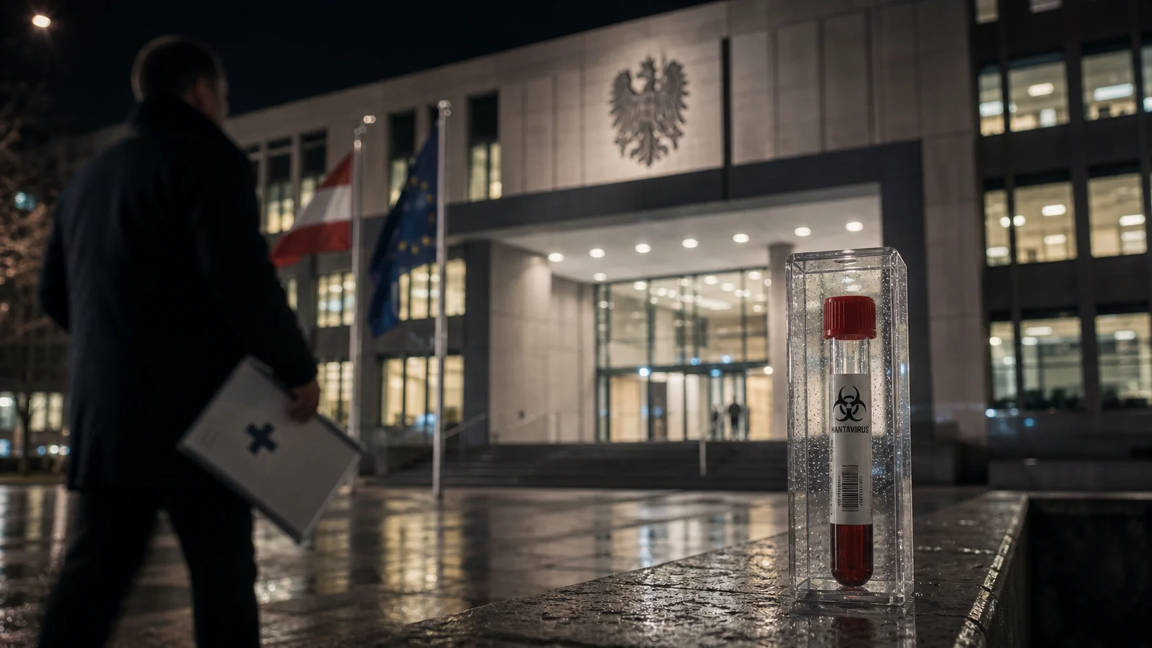 Symbolbild: Hantavirus, Behördengebäude und Gesundheitsakte in Österreich