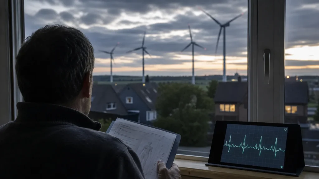 Person mit medizinischer Akte blickt aus einem Fenster auf Windräder nahe einem Wohngebiet