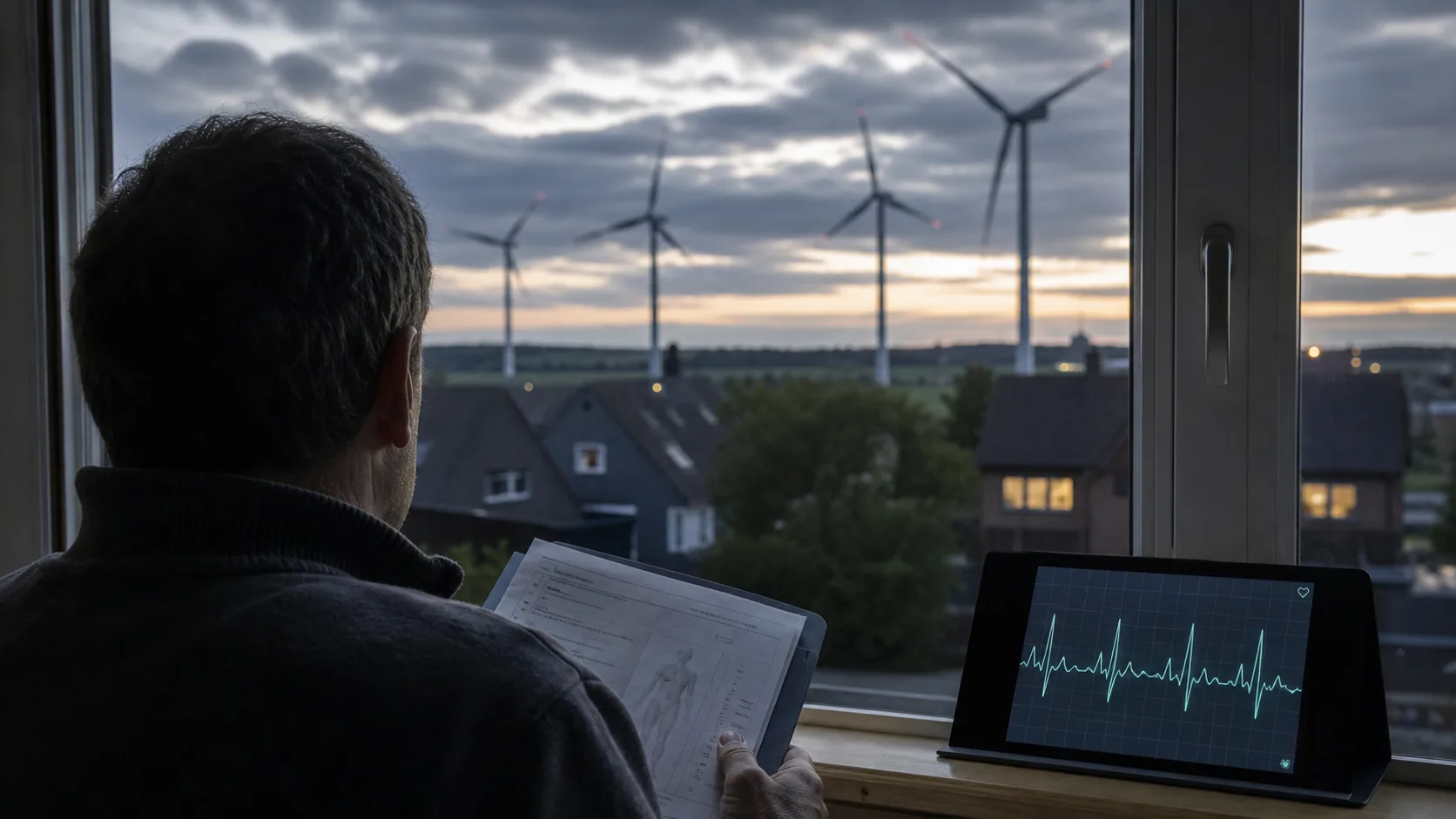 Person mit medizinischer Akte blickt aus einem Fenster auf Windräder nahe einem Wohngebiet