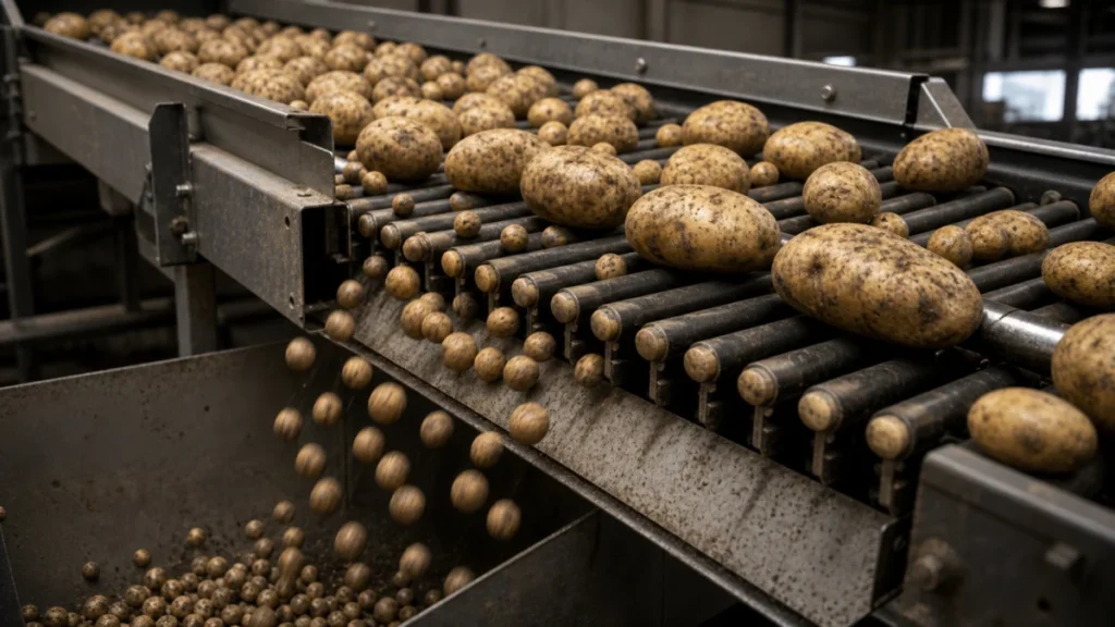 Symbolbild: Kartoffelsortiermaschine trennt kleine und große Kartoffeln auf einem Förderband