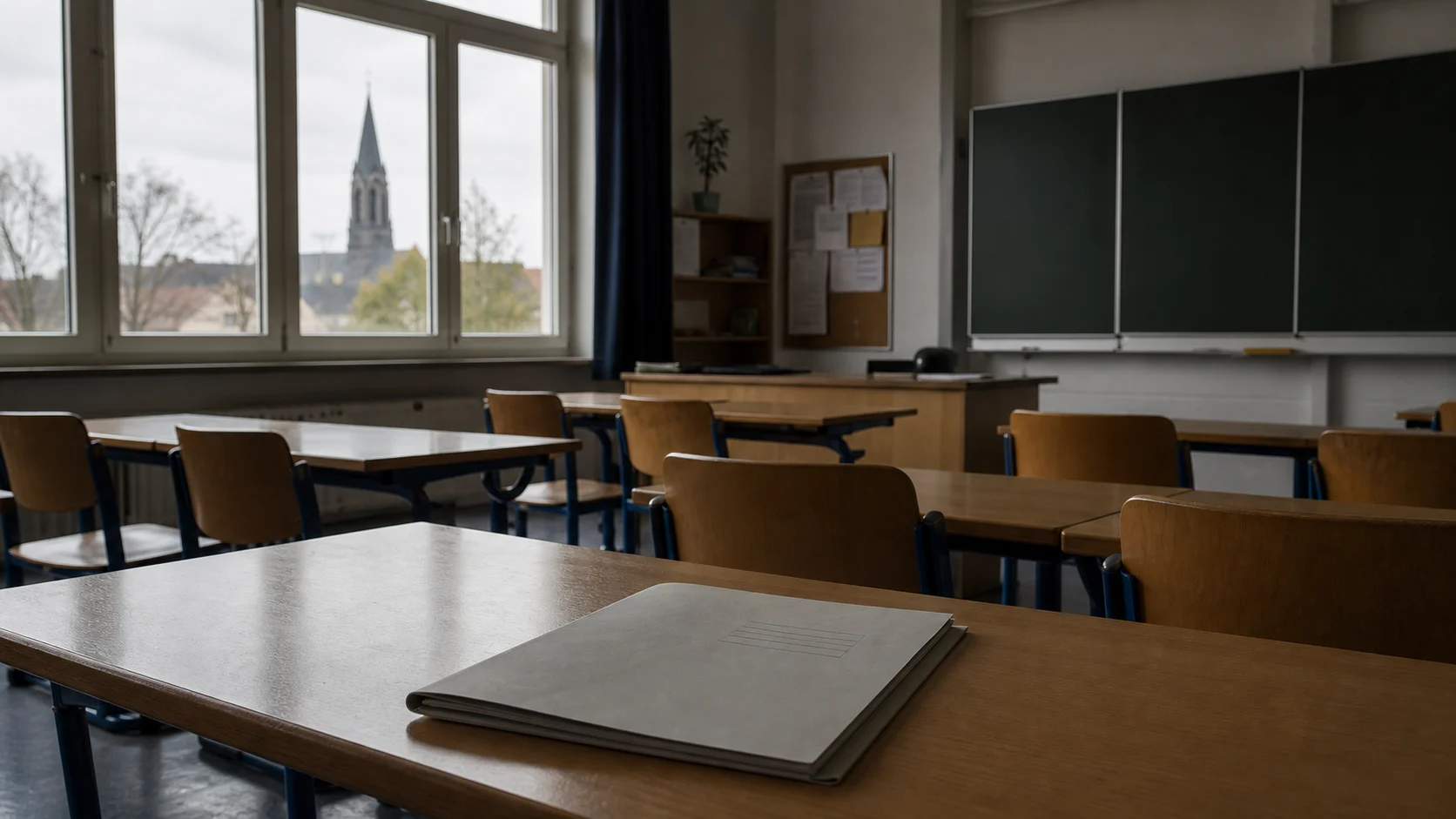 Symbolbild: Leeres Klassenzimmer mit Kirchenansicht im Hintergrund