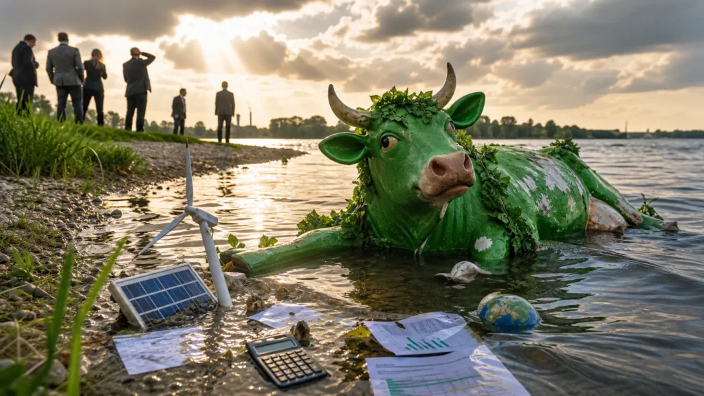 Grüne Klima-Kuh als satirisches Symbolbild im Wasser mit Windradmodell und Akten