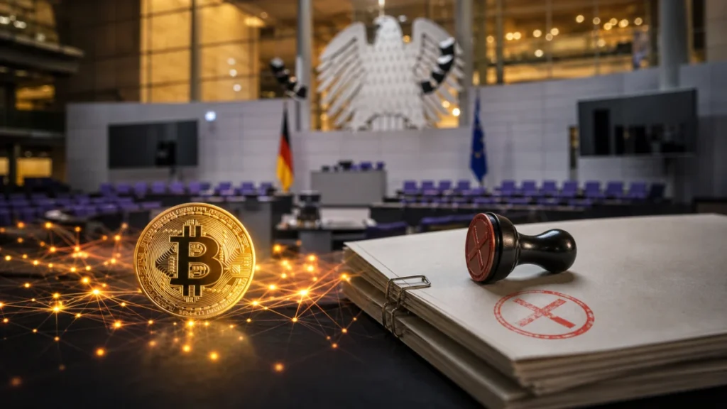 Bitcoin-Symbol vor parlamentarischem Hintergrund als Symbolbild für Krypto-Steuern