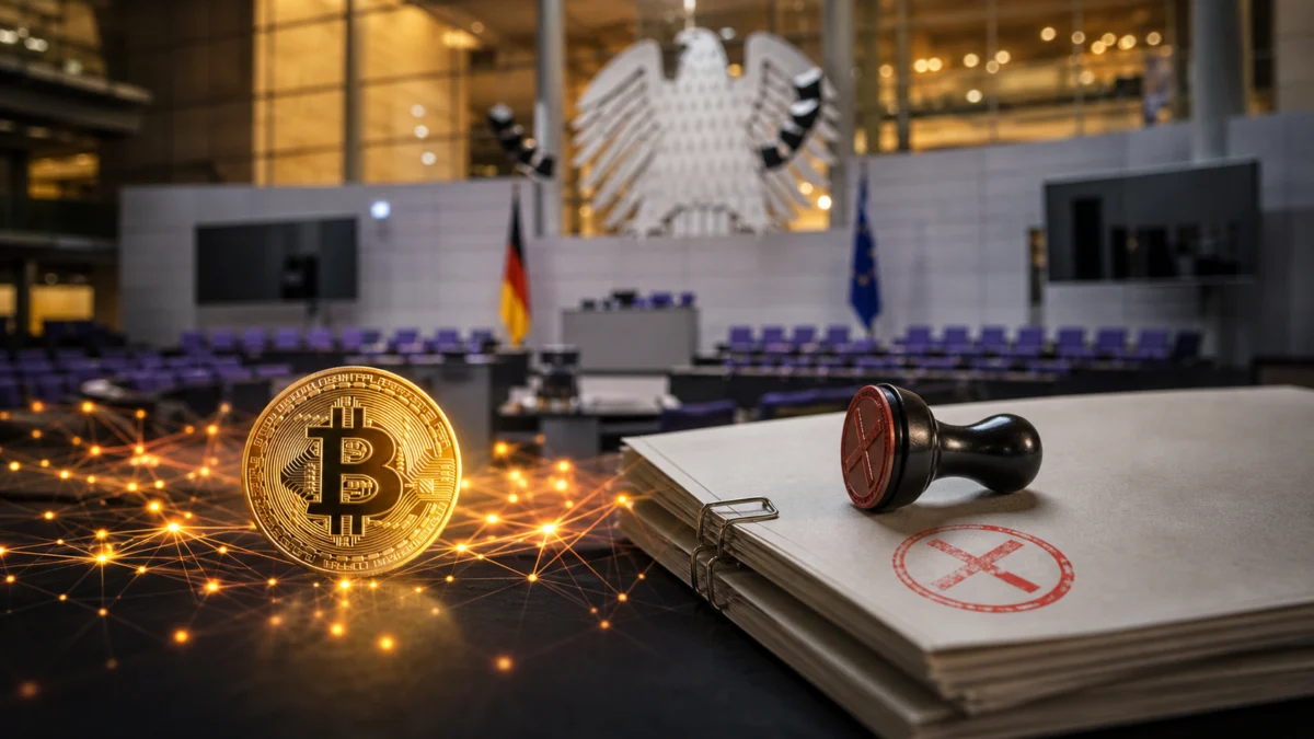 Bitcoin-Symbol vor parlamentarischem Hintergrund als Symbolbild für Krypto-Steuern