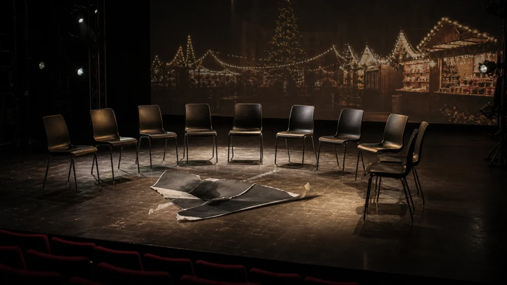Symbolbild: Theaterbühne mit Stuhlkreis und Weihnachtsmarktprojektion
