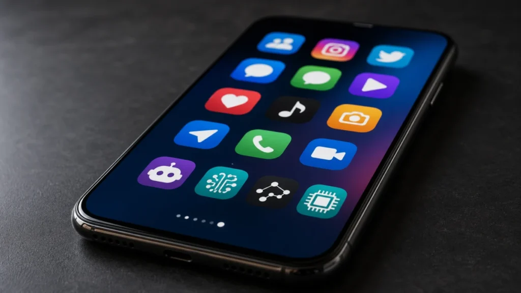Symbolbild: Smartphone mit generischen App-Symbolen für soziale Medien, Messenger und KI