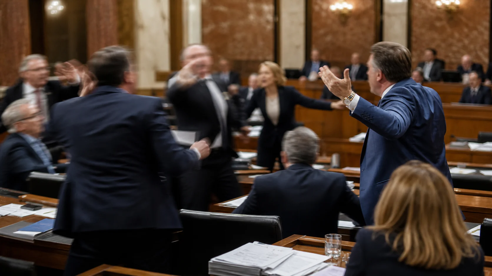 Symbolbild: Hitzige Debatte in einem parlamentarischen Plenarsaal