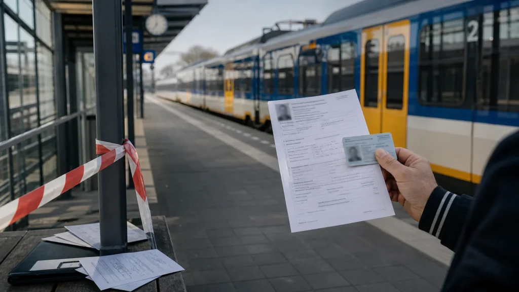 Symbolbild: Bußgeldformular und Ausweis an einem niederländischen Bahnsteig