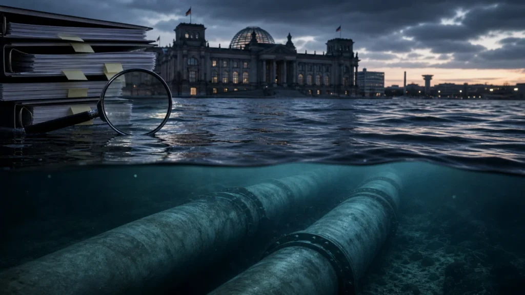 Nord-Stream-Pipelines vor Bundestag und Ermittlungsakten als Symbolbild