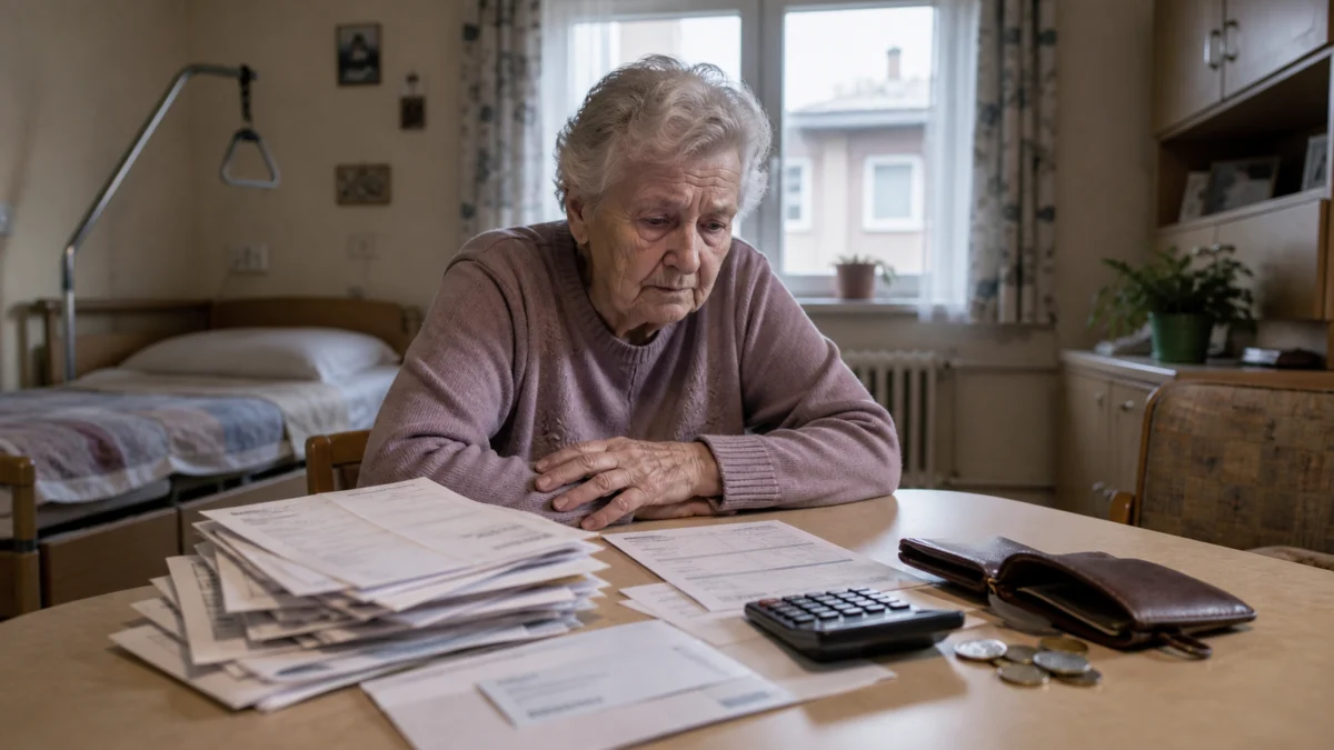 Symbolbild: ältere Frau im Pflegeheim mit Rechnungen und leerem Portemonnaie