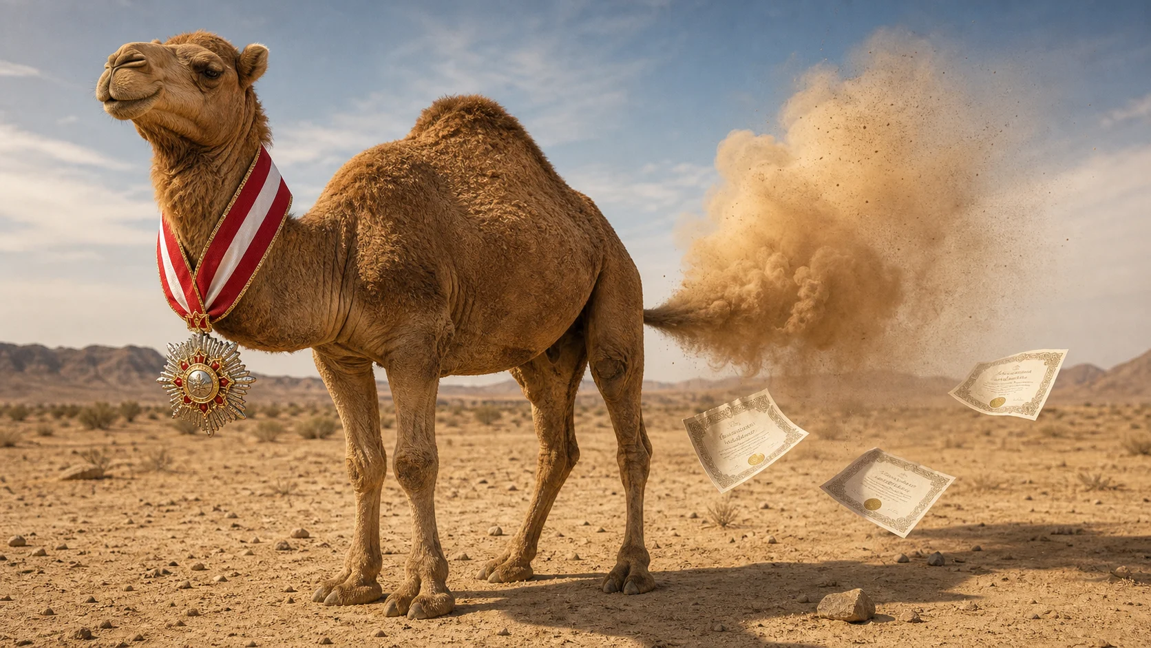 Satirebild: Kamel mit Orden und Staubwolke in der Wüste