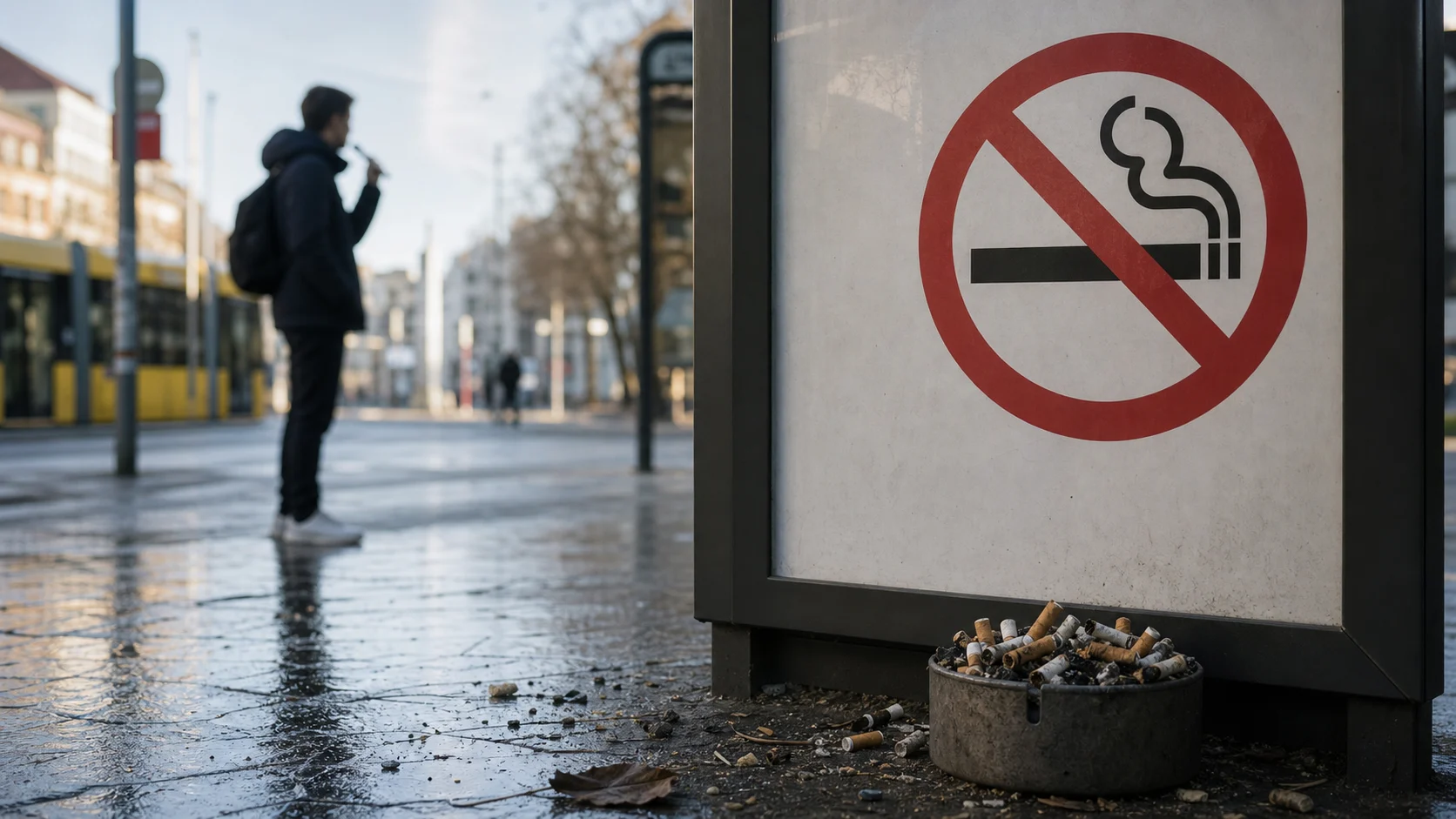 Rauchverbotsschild neben einem vollen Aschenbecher an einer Haltestelle