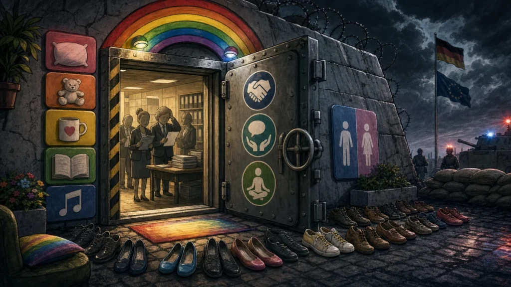 Karikatur eines bunten deutschen Krisenbunkers mit Schuhen vor der Tür