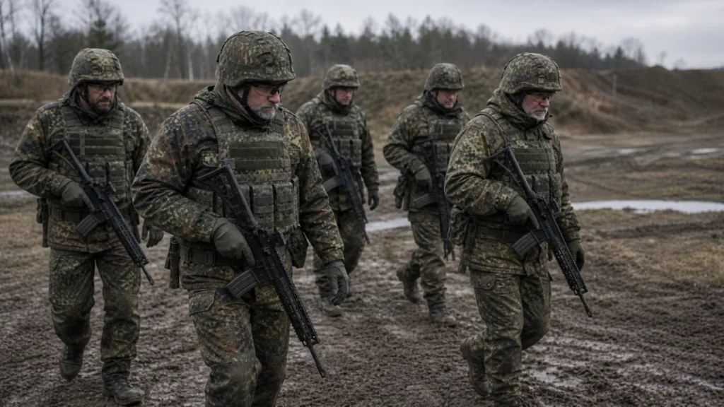 Symbolbild: ältere Reservisten bei einer militärischen Übung auf einem matschigen Übungsplatz