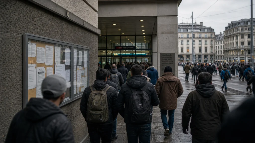 Symbolbild: Menschen vor Stellenanzeigen in einer Schweizer Stadt