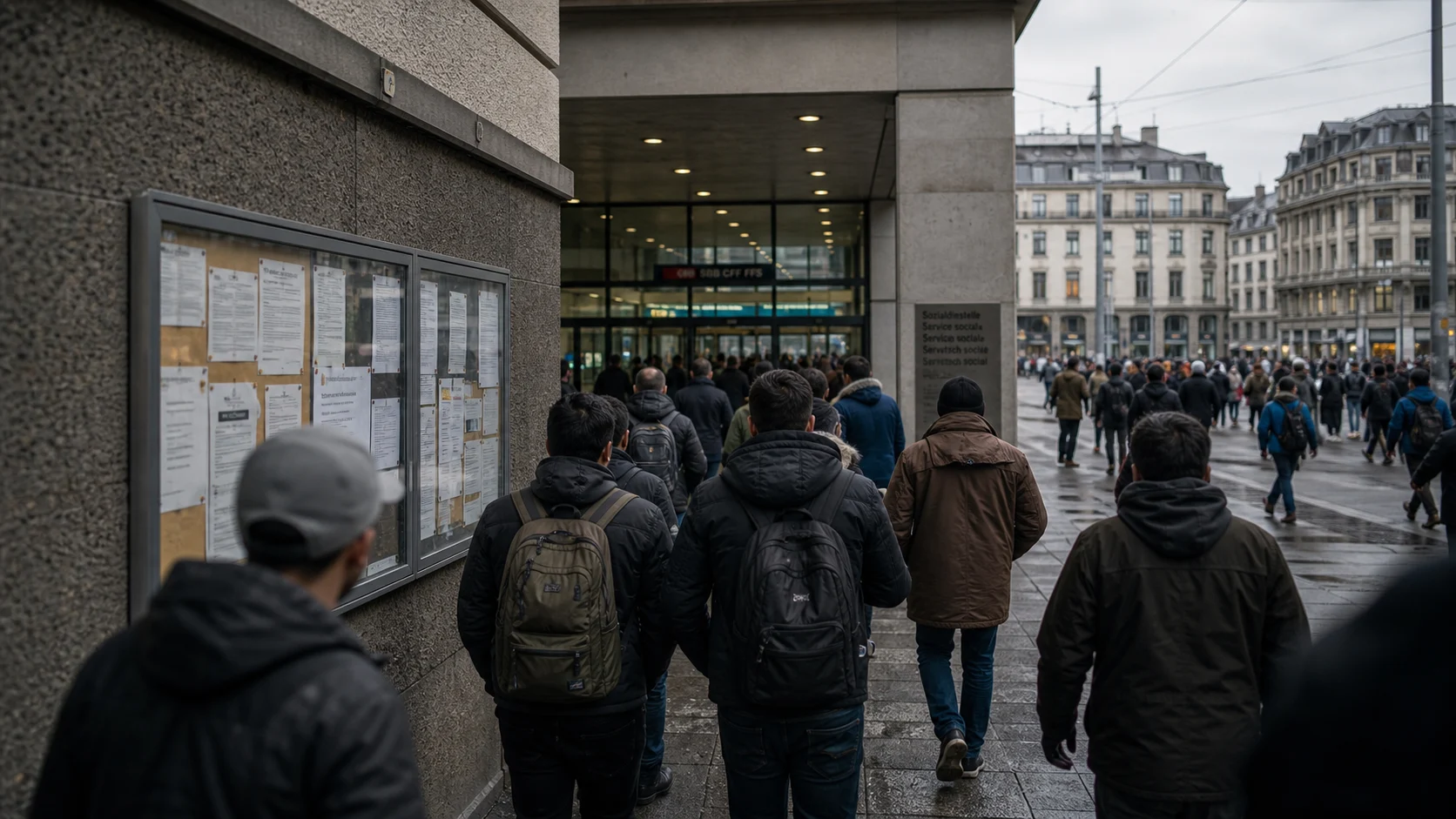 Symbolbild: Menschen vor Stellenanzeigen in einer Schweizer Stadt