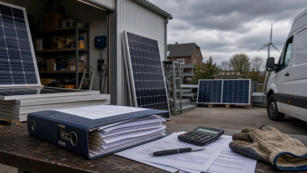 Symbolbild: Solartechnikbetrieb mit Aktenordner und Insolvenzunterlagen, keine Personen im Fokus