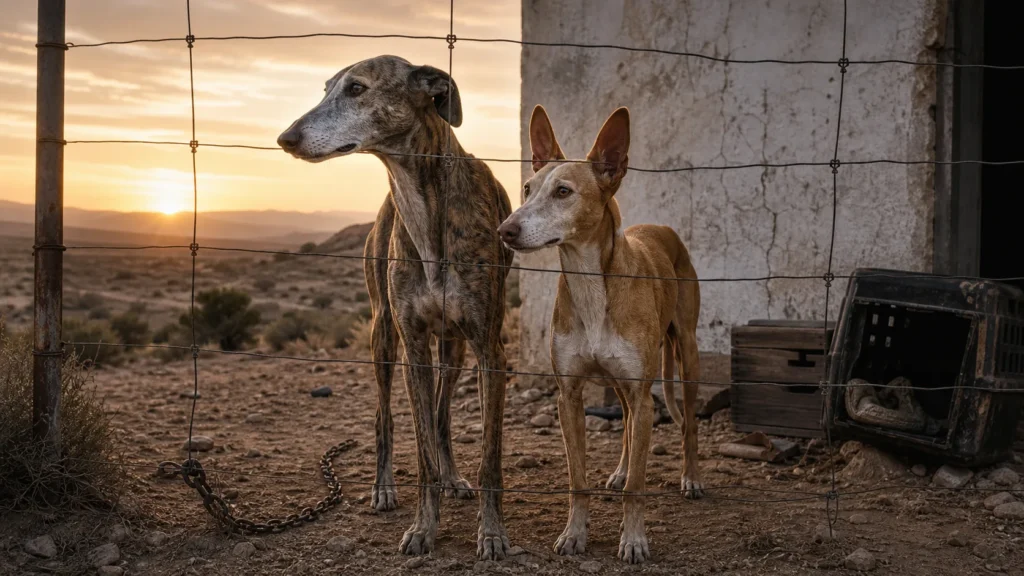 Symbolbild zu Galgos und Podencos hinter einem Zaun in ländlicher spanischer Umgebung